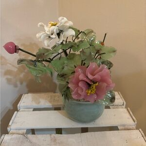 VINTAGE ASIAN JADE GLASS AGATE STONE FLOWER LEAF BONSAI FLOWER & LEAF TREE